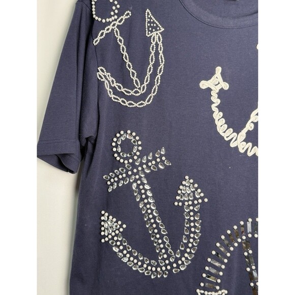 Vintage Victoria Harbour Embellished Nautical Anchor Navy Pullover Top Sz Large - Picture 2 of 6